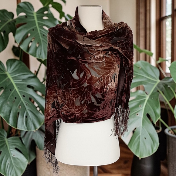 Vtg Silk Velvet Burnout Piano Shawl Scarf Brown Ombre Bohemian Witchy Victorian - Picture 13 of 16